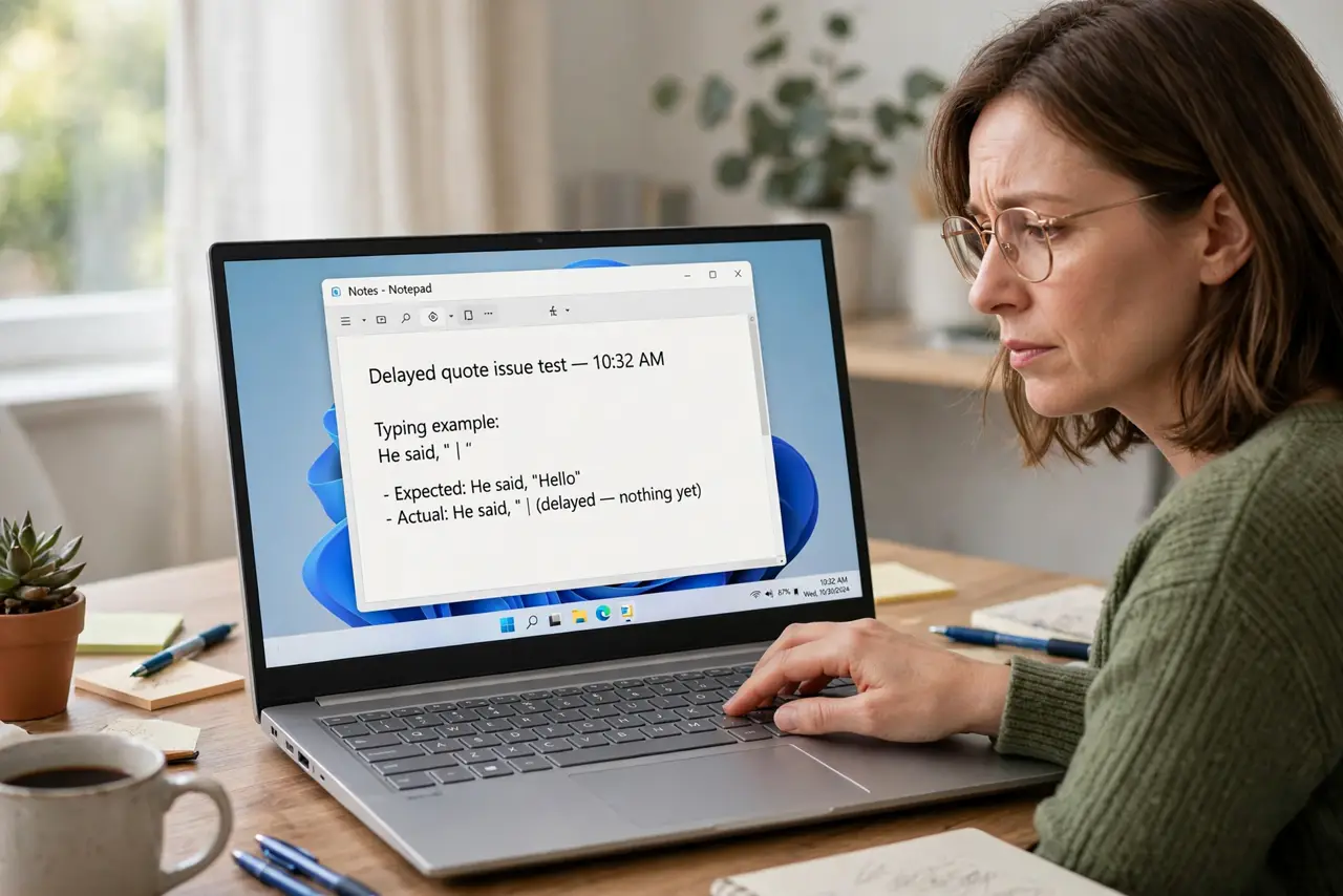 a real person at a desk typing a quote mark on a real keyboard, the Windows screen showing the delayed quote behavior on the real monitor with fully legible text, the person looking puzzled.