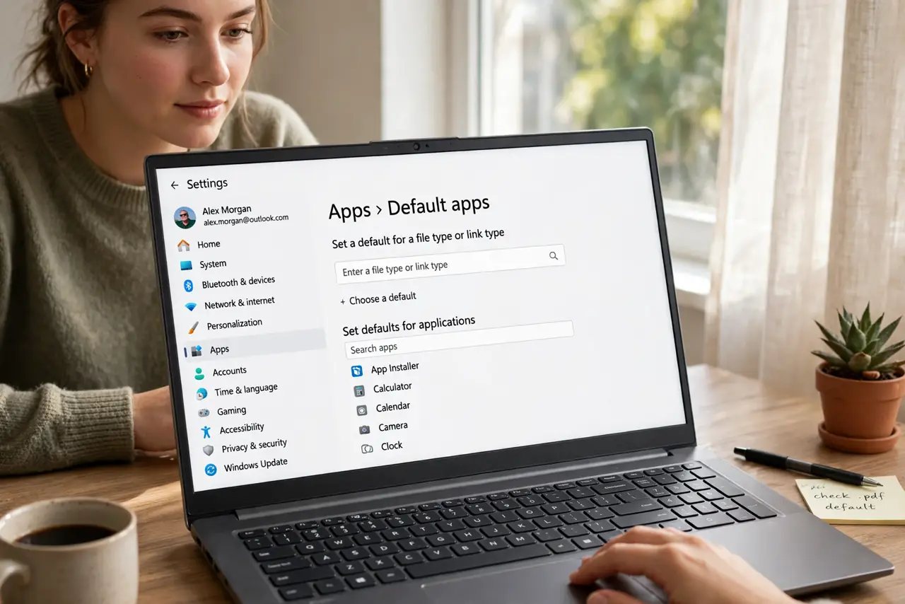 A person calmly performing the guide's first step: Open Default apps settings.