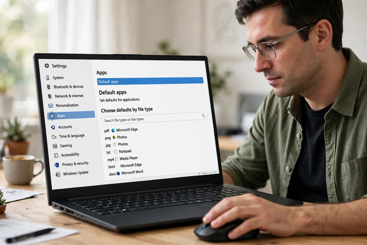 a person using a real Windows 11 PC, the Default Apps settings page open showing per-file-type associations, the person's hand on the mouse, face focused. No black screen, no blank.