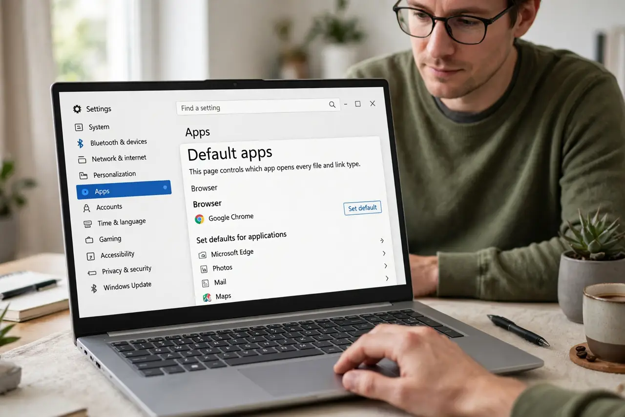 A person performing the first step of the guide: Open Default apps.