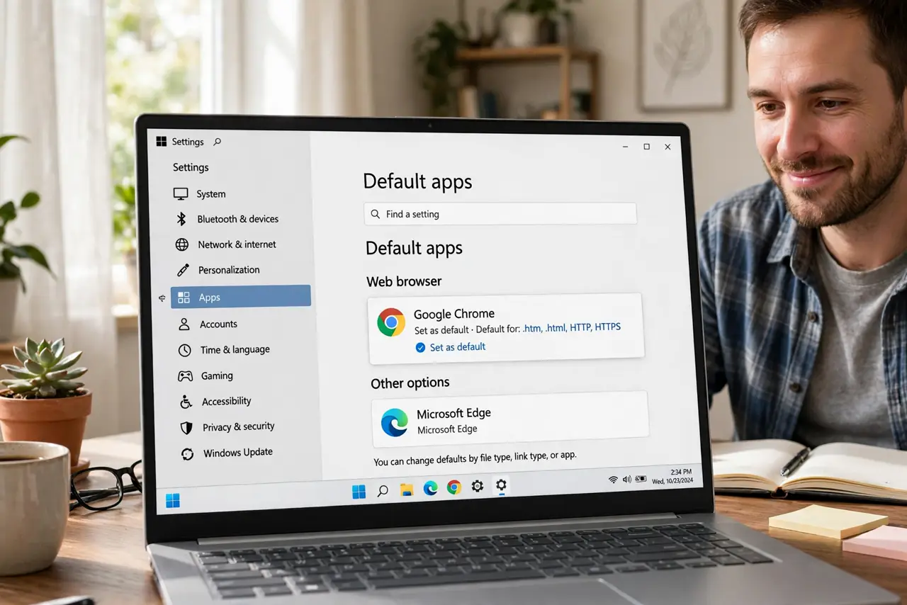 a person at a real Windows PC, the screen showing the default apps settings page with the browser choice legible, the person's face relieved, home office.