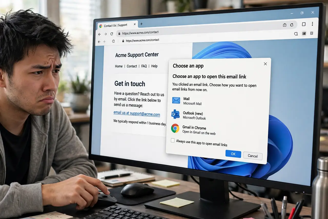 A person clicking an email link on a real Windows PC monitor with the mail app choice dialog fully legible, the person's face mildly frustrated.