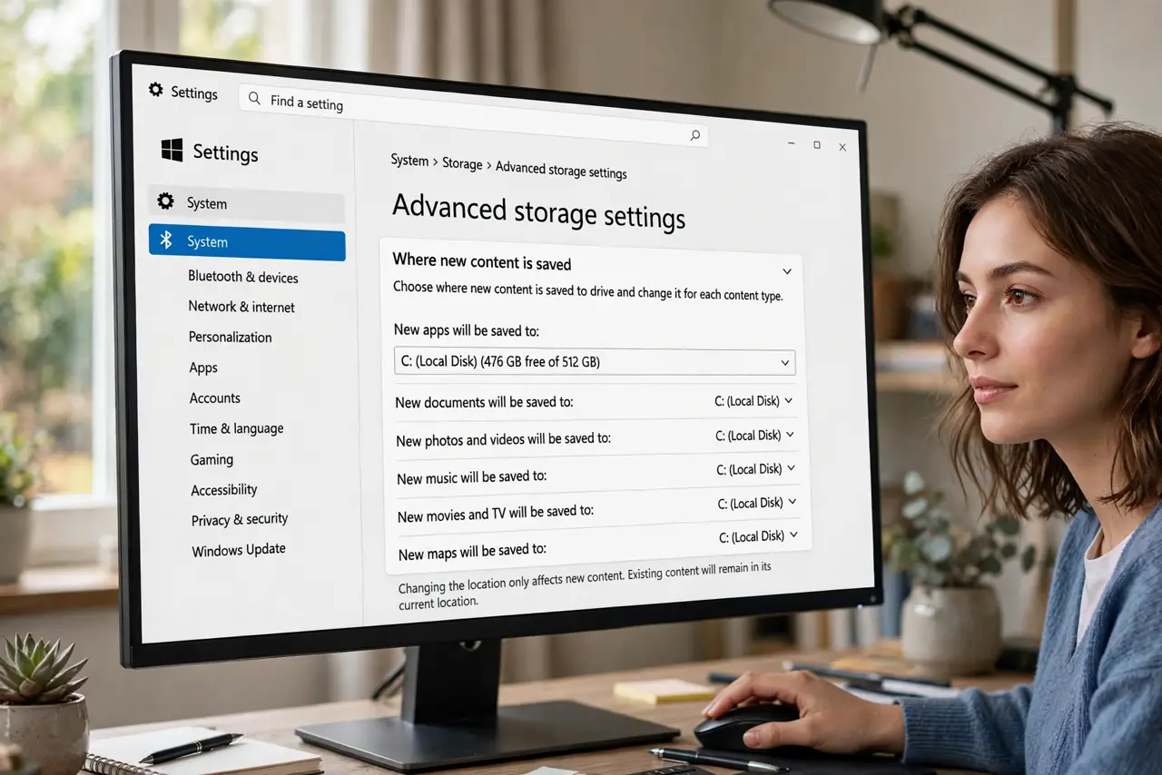 A person performing the first step: Open 'Where new content is saved.' Go to Settings > System > Storage > Advanced.