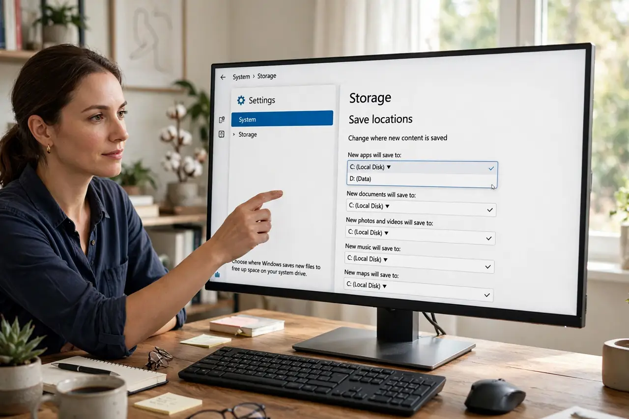 A person adjusting the Save locations dropdowns on a real Windows Storage settings screen with legible text on a