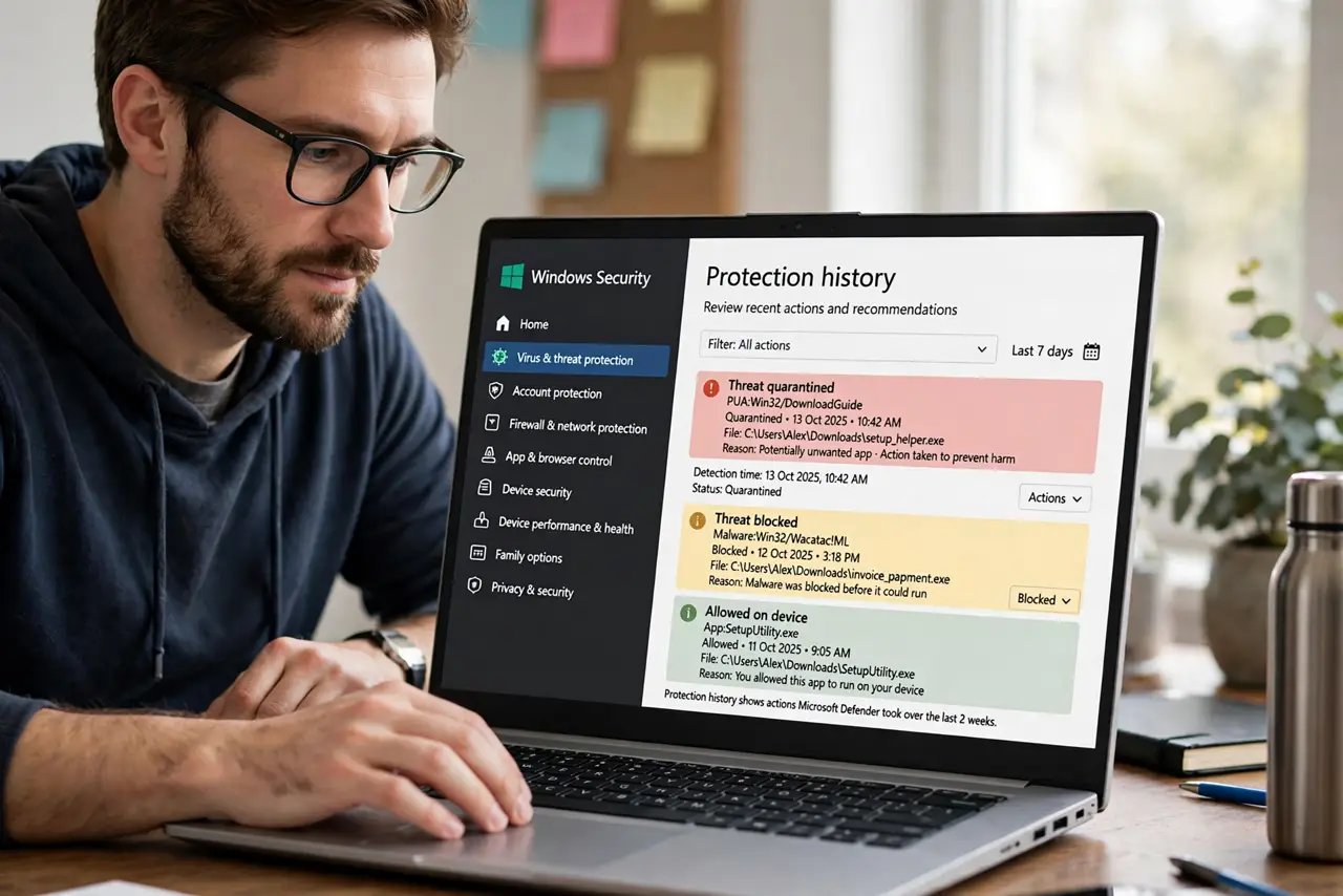 A person performing step 1 of the guide: Open Protection history in Windows Security. Go to Windows Security, then Virus and threat protection, then Protection history. Every qua...