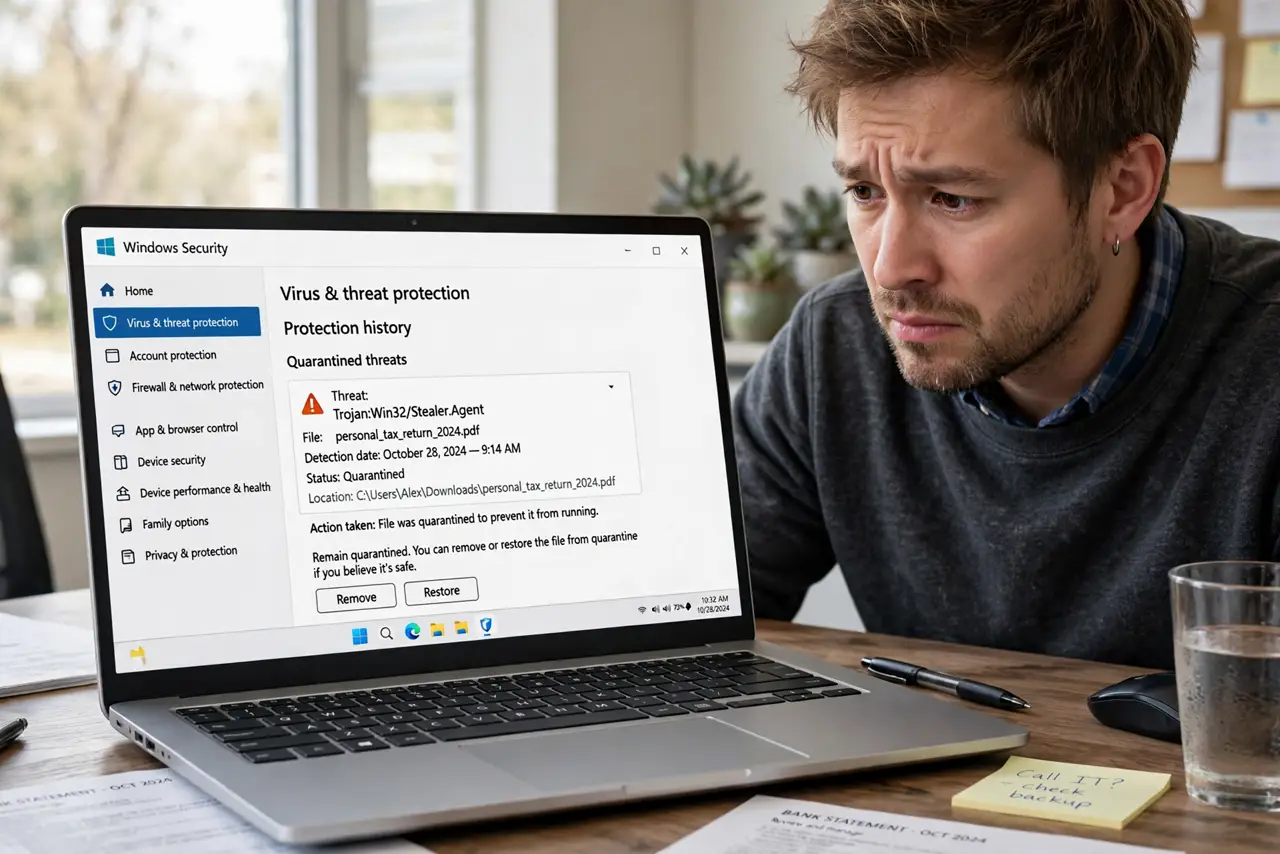 a real person at a desk looking at Windows Security on a real monitor, the protection history showing a quarantined personal file with fully legible text, the person looking concerned but calm.