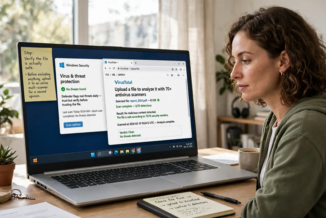 A person performing the first step of the guide: Verify the file is actually safe. Before excluding anything, upload it to an online multi-scanner for a second.