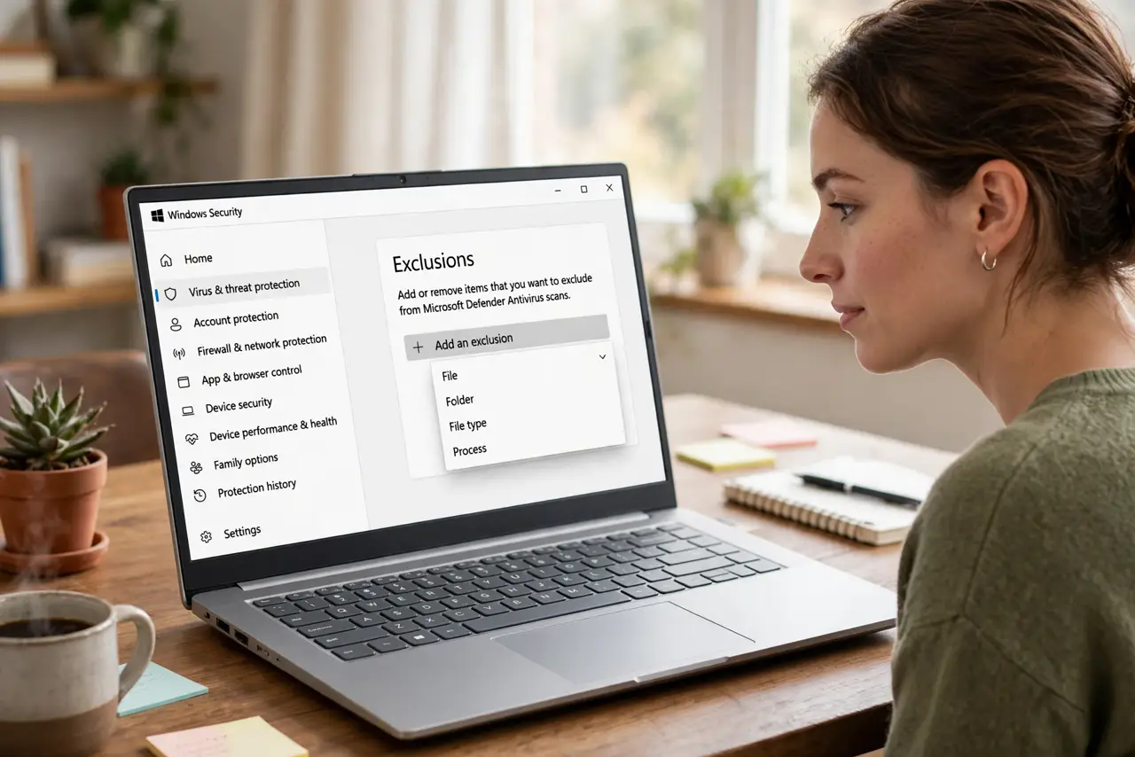 A person looking at a real Windows PC screen showing Windows Security exclusion settings with a legible Add an exclusion button, the person's face.