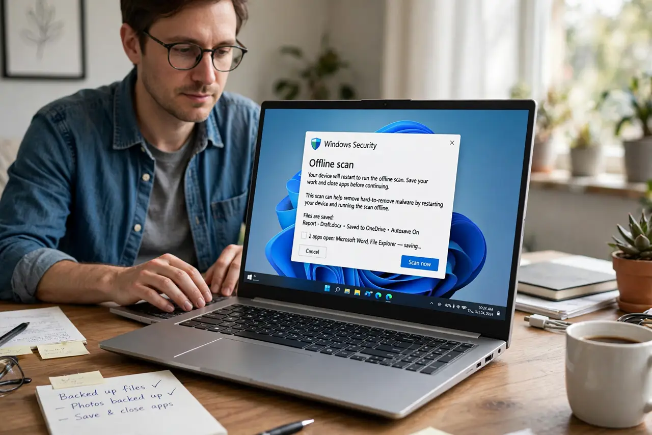 Photoreal photo of a person performing the first step: Save everything and close your apps. The offline scan reboots the PC without asking twice. Save