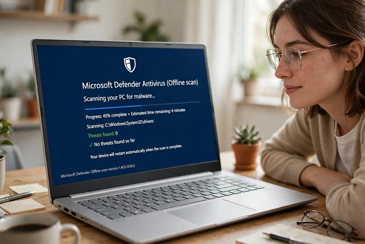 Photoreal photo: a person watching a real Windows PC reboot into the Defender Offline scan screen with legible progress text, the person's face focused, home office desk. No black screen, no blank white screen, no fake or garbled scre