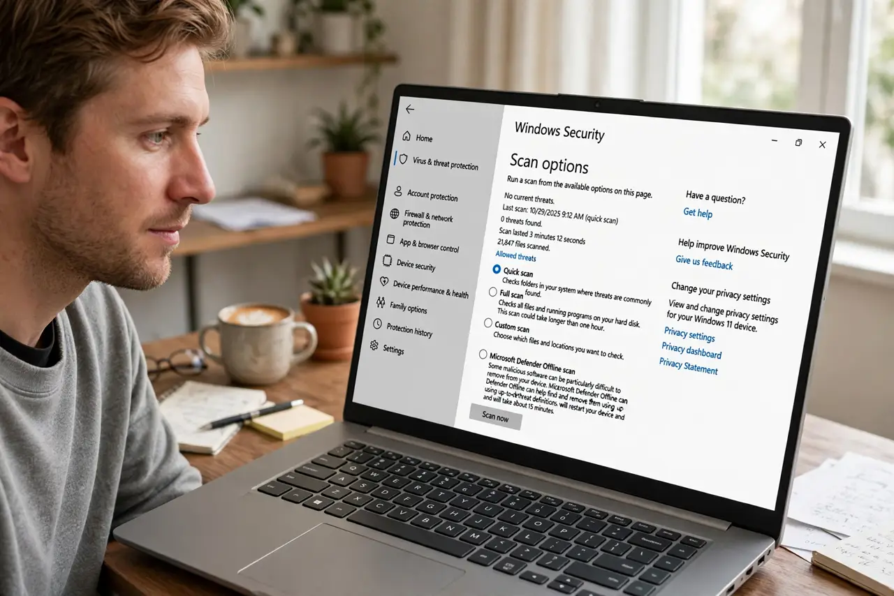 A person looking at a real Windows laptop showing the Windows Security app with scan options legible on screen, the person's face calm and attentive, home…