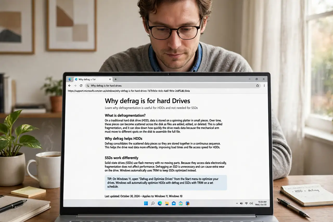 Photoreal photo of a person performing the first step: Understand why defrag is for hard drives. Defragmenting rearranges files so a spinning disk'...