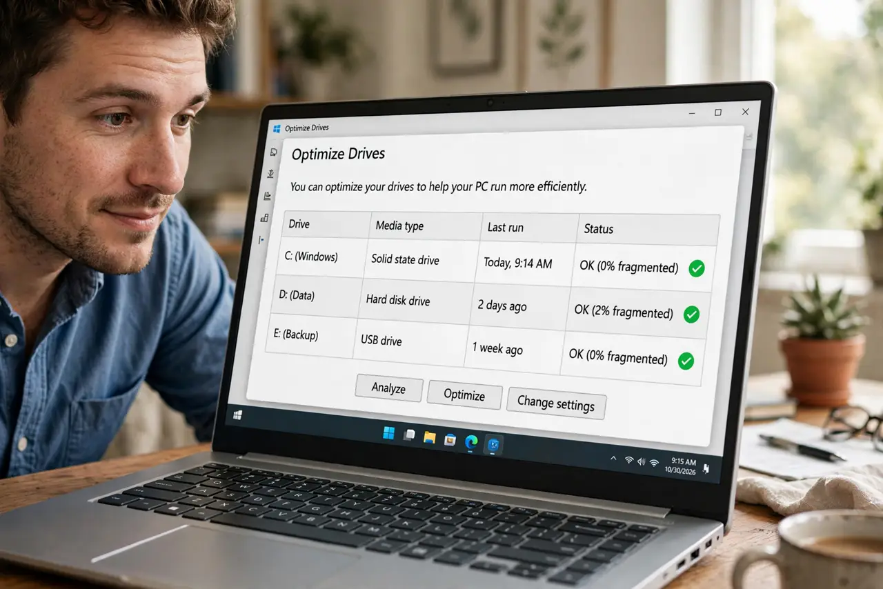 Photoreal photo: a person at a real Windows PC showing the Optimize Drives window with a legible drive list and media type column, the person's face curious, home office. No black screen, no blank white screen, no ...