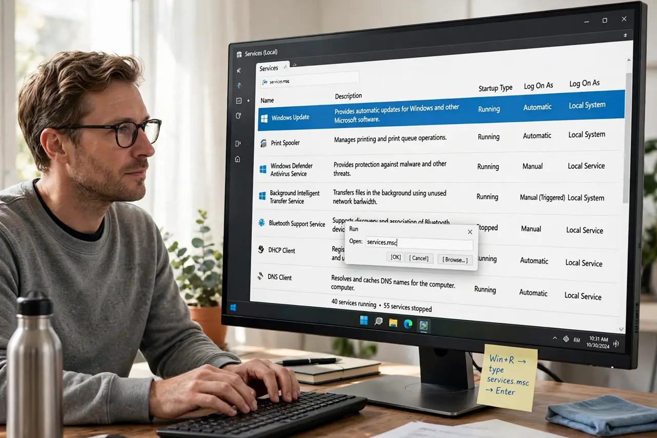 A person performing step 1: Open the Services app. Press Win+R, type services.msc, and press Enter. This lists every background service on.