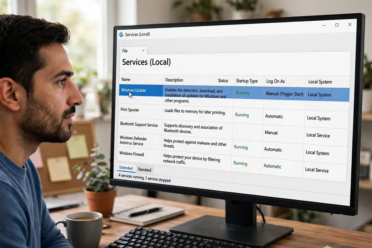 A person looking at the real Windows Services window on a monitor with legible text, mouse hovering over a service entry, the person's face focused, home office.