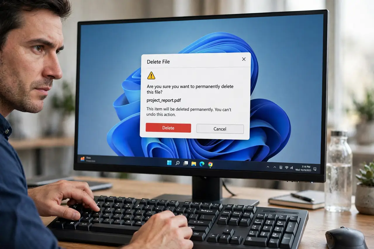 A person pressing Shift+Delete on a real keyboard in front of a Windows PC monitor showing a delete confirmation dialog fully legible, the person's face deliberate.