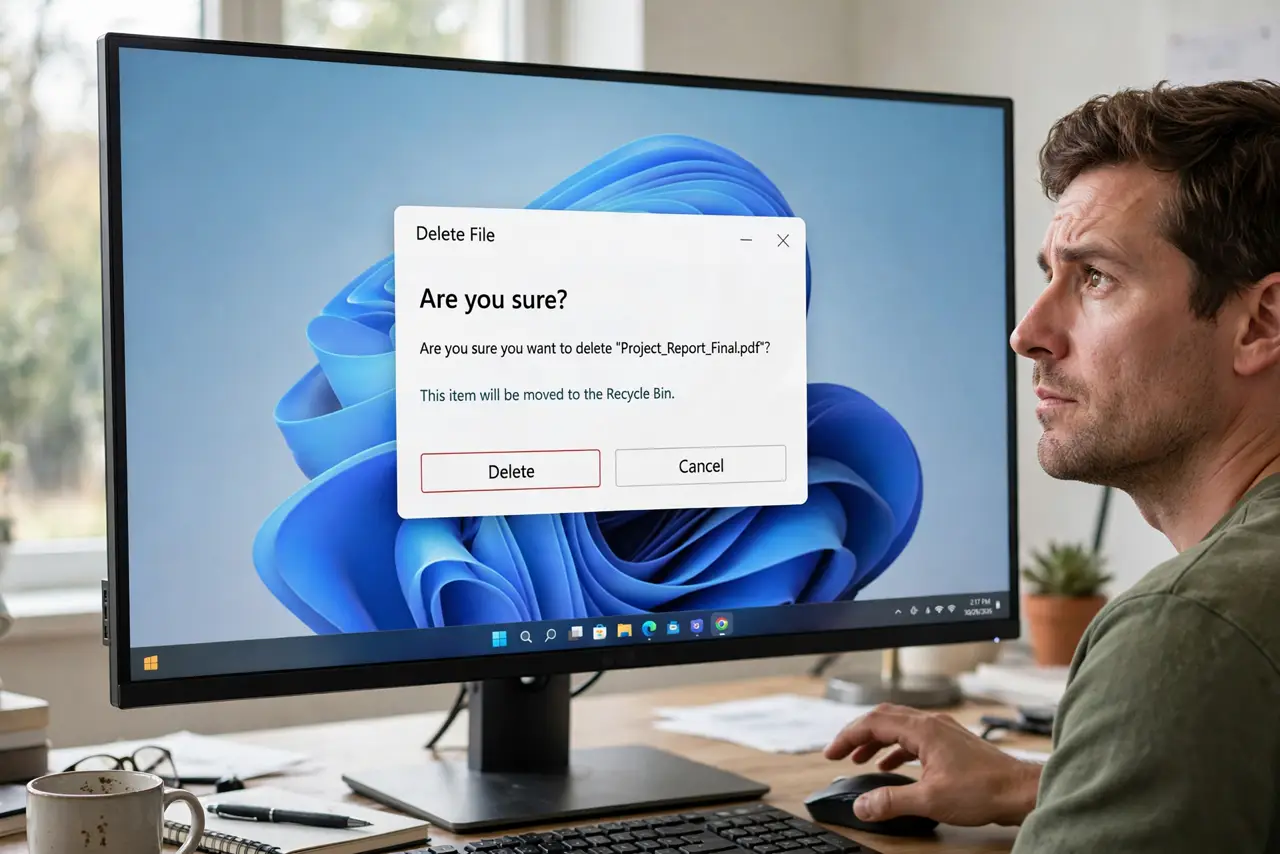 A person reading a delete confirmation dialog on a real Windows PC monitor with the 'Are you sure?' text fully legible, the person's finger hesitating over the mouse, thoughtful.