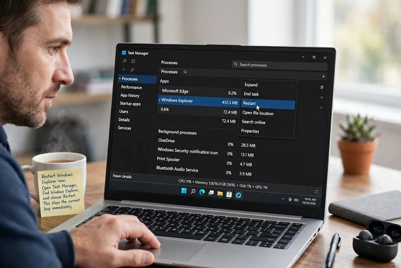 A person performing step 1 of the guide: Restart Windows Explorer now. Open Task Manager, find Windows Explorer, and choose Restart. This stops the current loop immediately and t...
