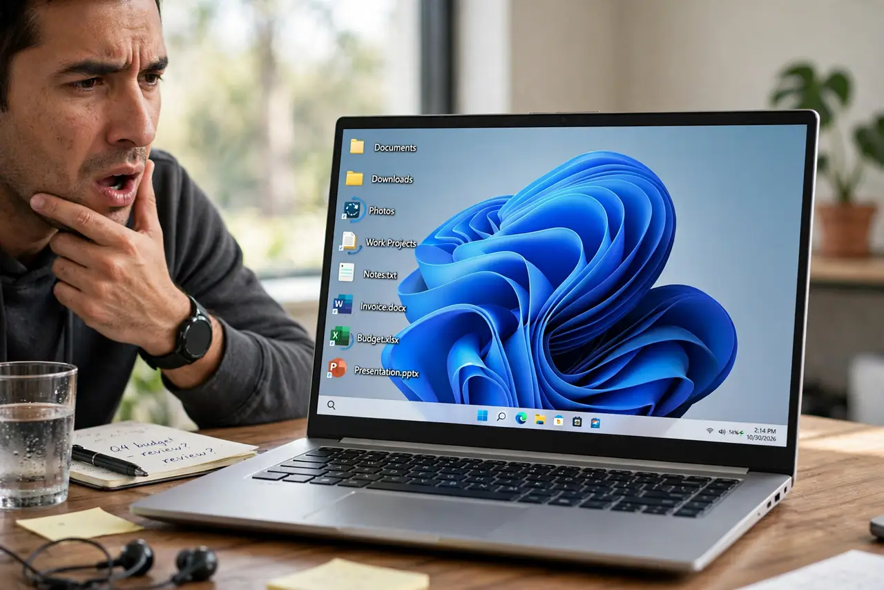 a frustrated adult watching a real Windows desktop where icons are mid-refresh, the screen showing the desktop with fully legible icon labels, the person sighing.