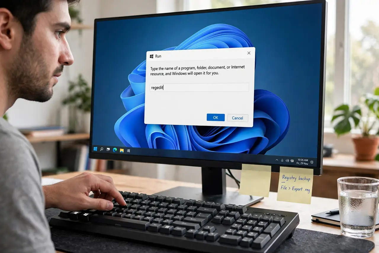A person performing step 1: Back up the registry first.
