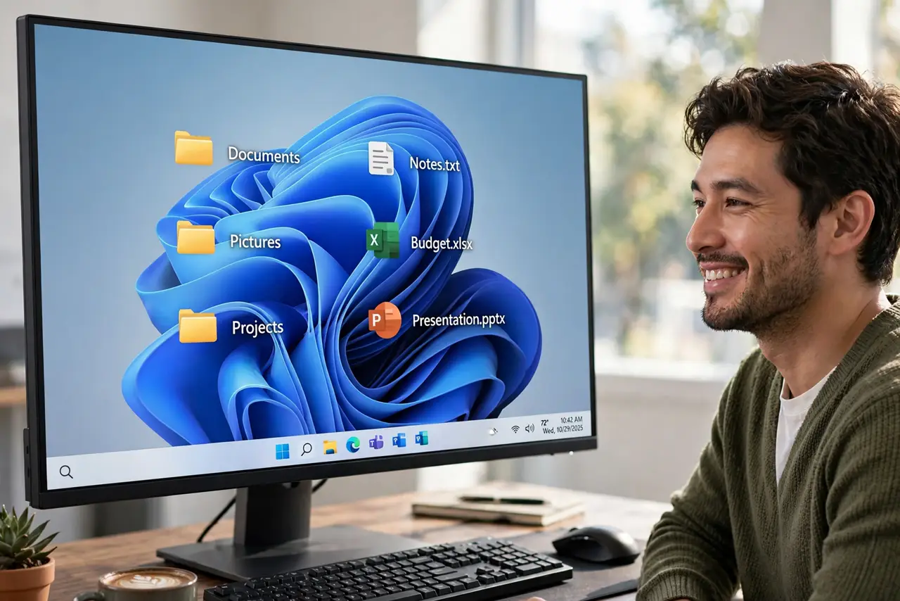 A person looking at a real Windows PC monitor showing desktop icons with comfortable even spacing between them, the person's face satisfied.