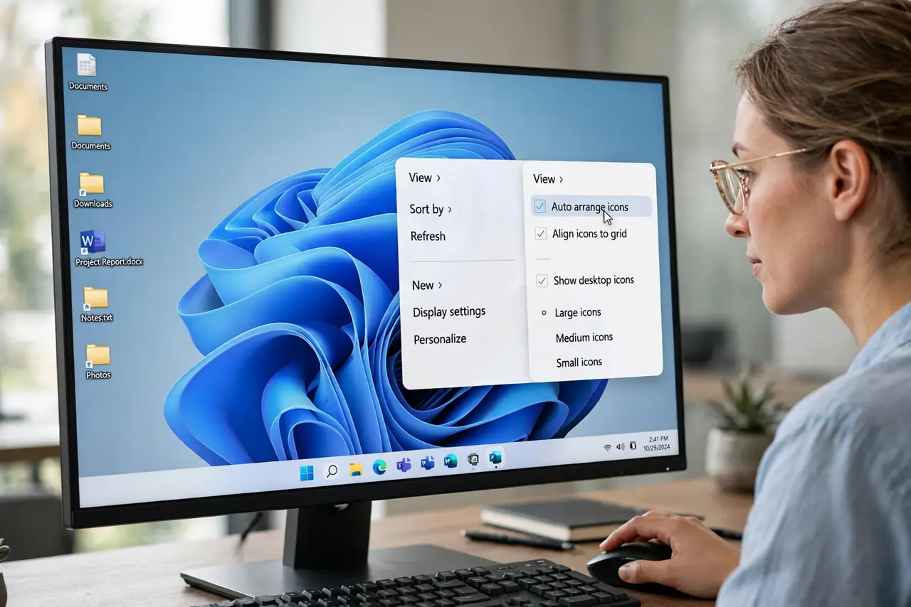 A person performing step 1: Turn off Auto arrange icons.