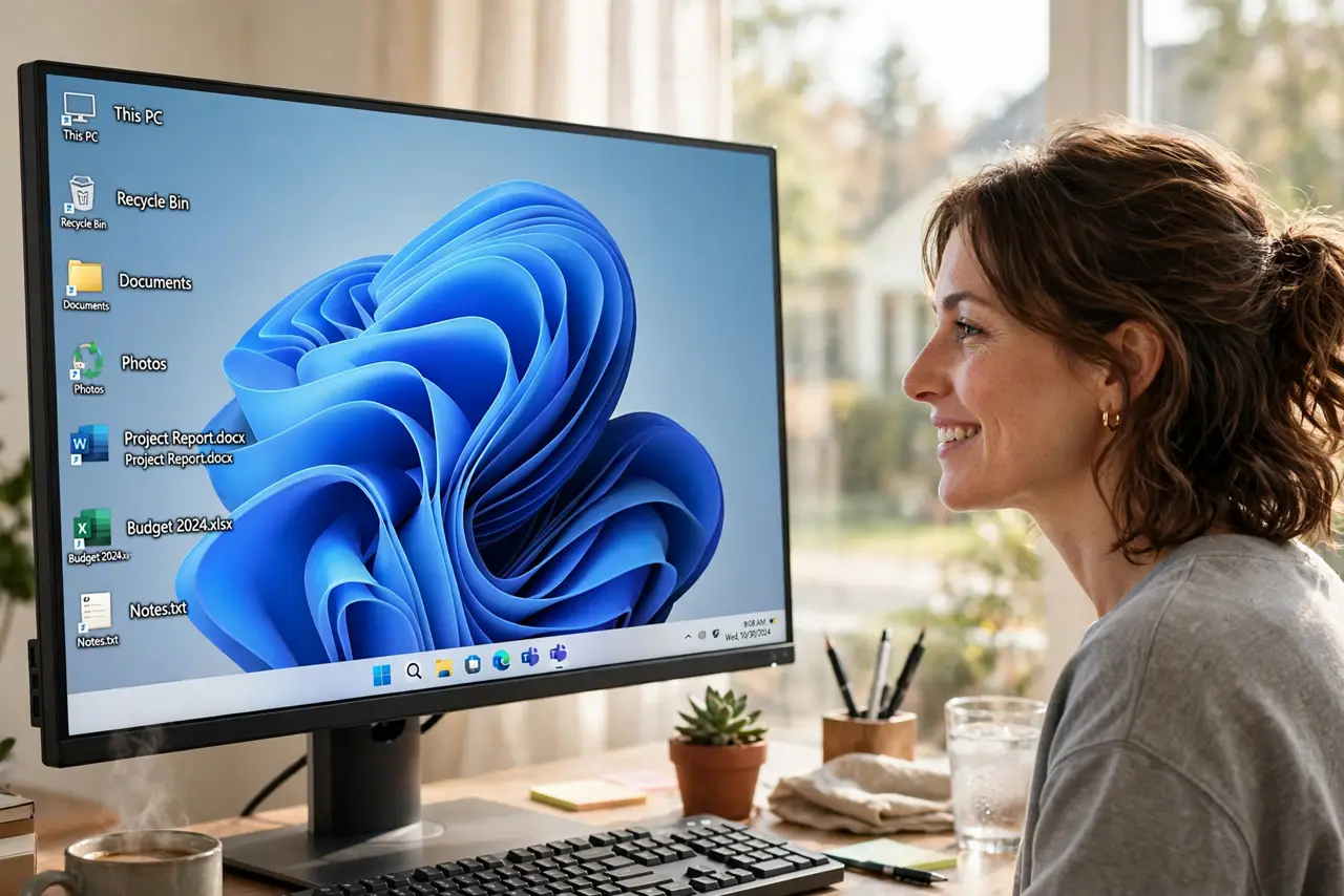 A person looking at a real Windows PC monitor showing desktop icons neatly arranged in rows on the left side, the person's face relieved, morning light.