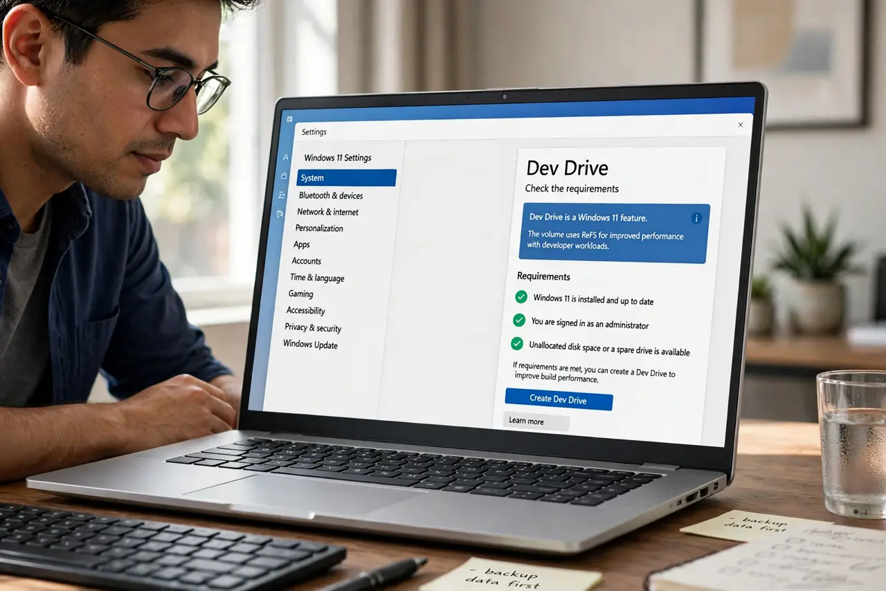 A person performing the guide's first step: Check the requirements. You need Windows 11, an administrator account, and unallocated disk space or a spare drive — Dev Drive is a Windows…