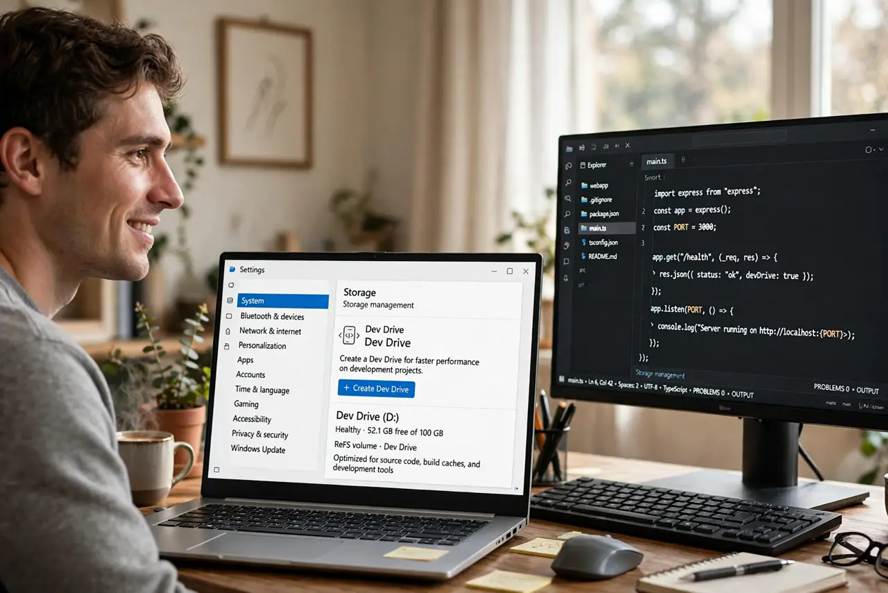 A person at a desk with a real PC showing Windows storage settings with a legible Dev Drive option on screen, code editor open on a second monitor, the person's face hopeful, home office..