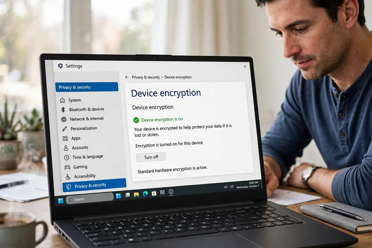 A person performing step 1: Open Device encryption settings. Go to Settings, then Privacy and security, then Device encryption. The page s.