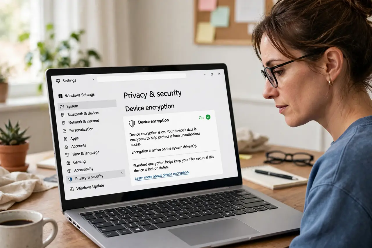 A person checking encryption status on a real Windows laptop, the screen showing a legible settings page with device encryption status, the person's face focused, home office.