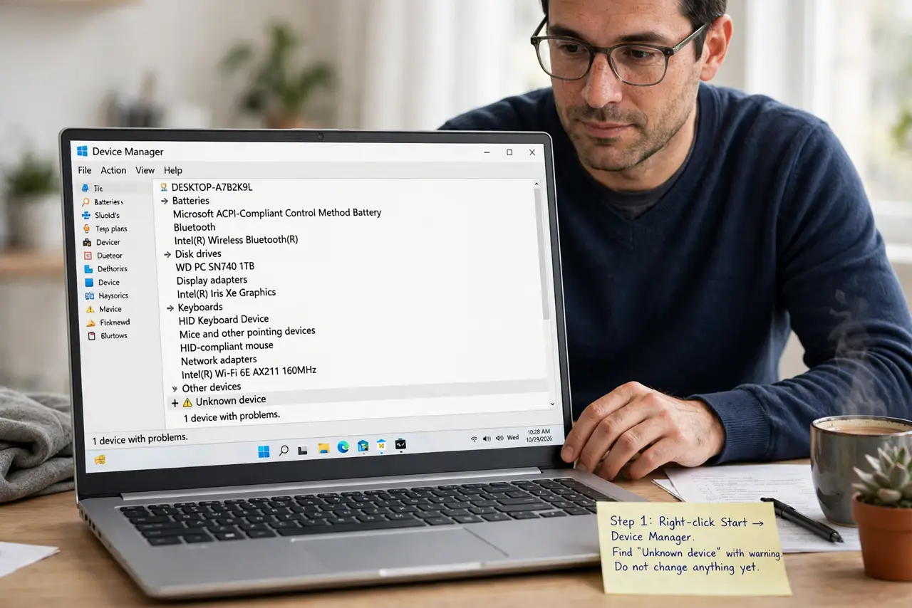 Device Manager Shows an Unknown Device? Fix It — step 1 being performed on the device.