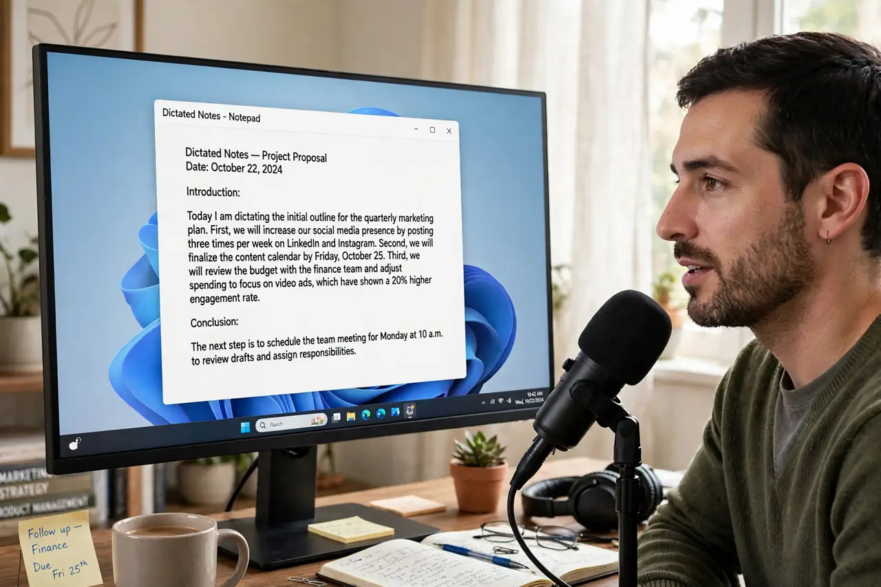 A person at a real Windows 11 PC speaking toward a microphone, the monitor showing a document where dictated text with punctuation is fully legible, the person's face calm and focused, home office.