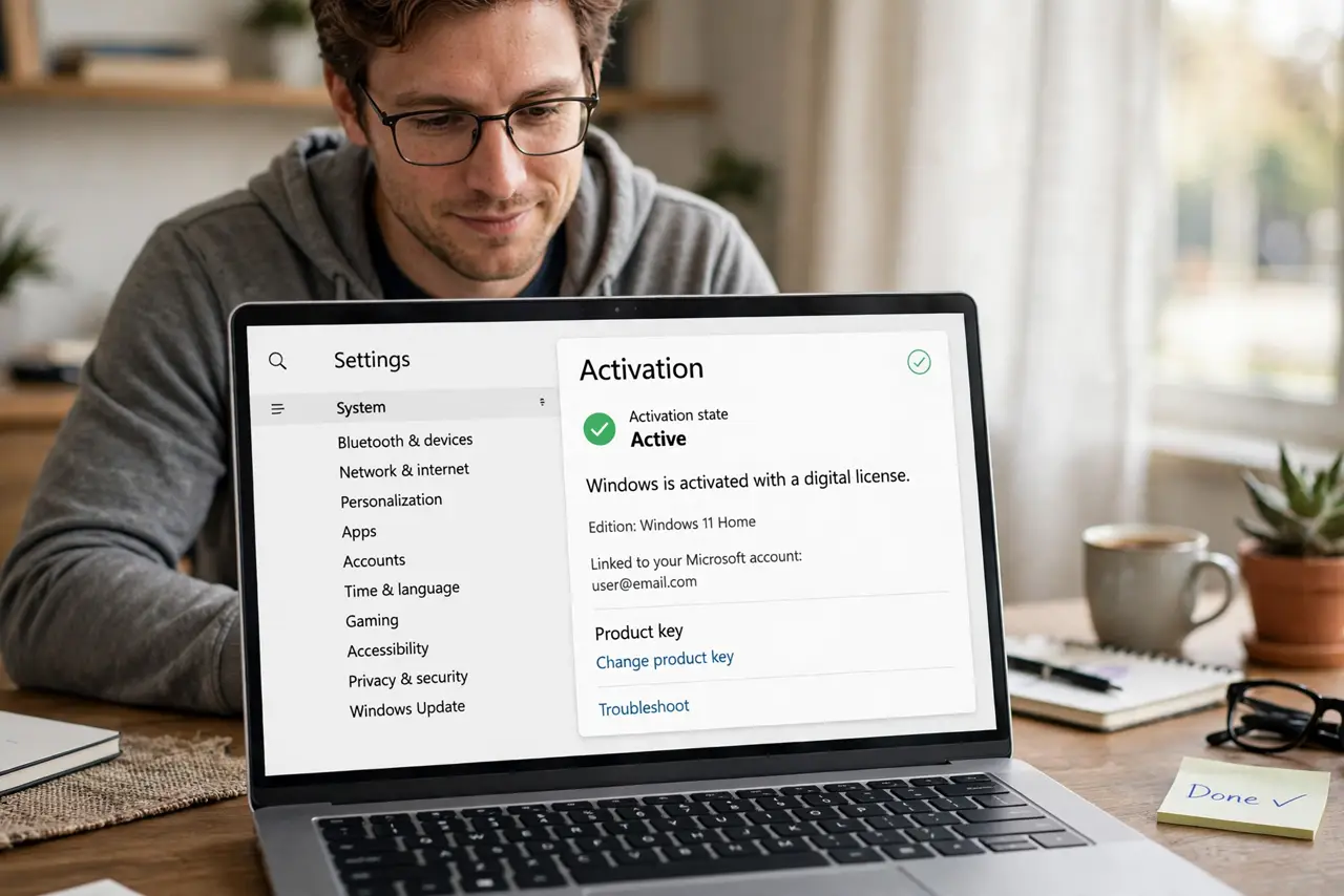a person looking at a real Windows PC showing the Activation settings page with legible Windows is activated with a digital license text, the person's face r...