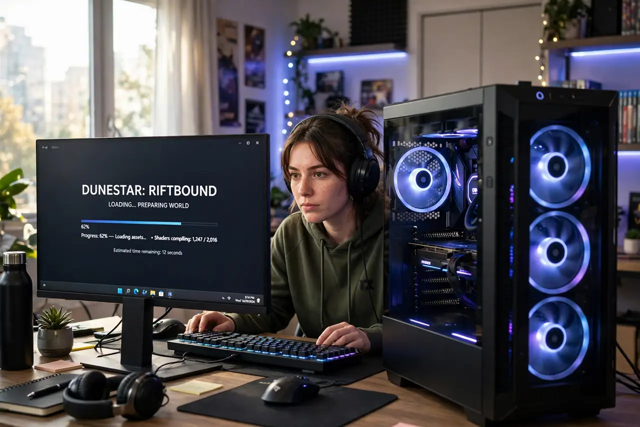 A person gaming on a real Windows PC with a real monitor showing a game loading screen with a legible progress bar, the person's face impatient but hopeful,.