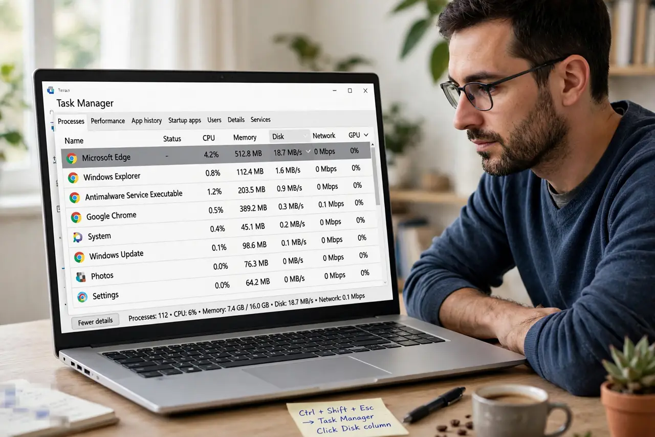 A person performing step 1 of the guide: Sort Task Manager by disk usage. Open Task Manager with Ctrl + Shift + Esc, click the Disk column header, and see which process sits at t...