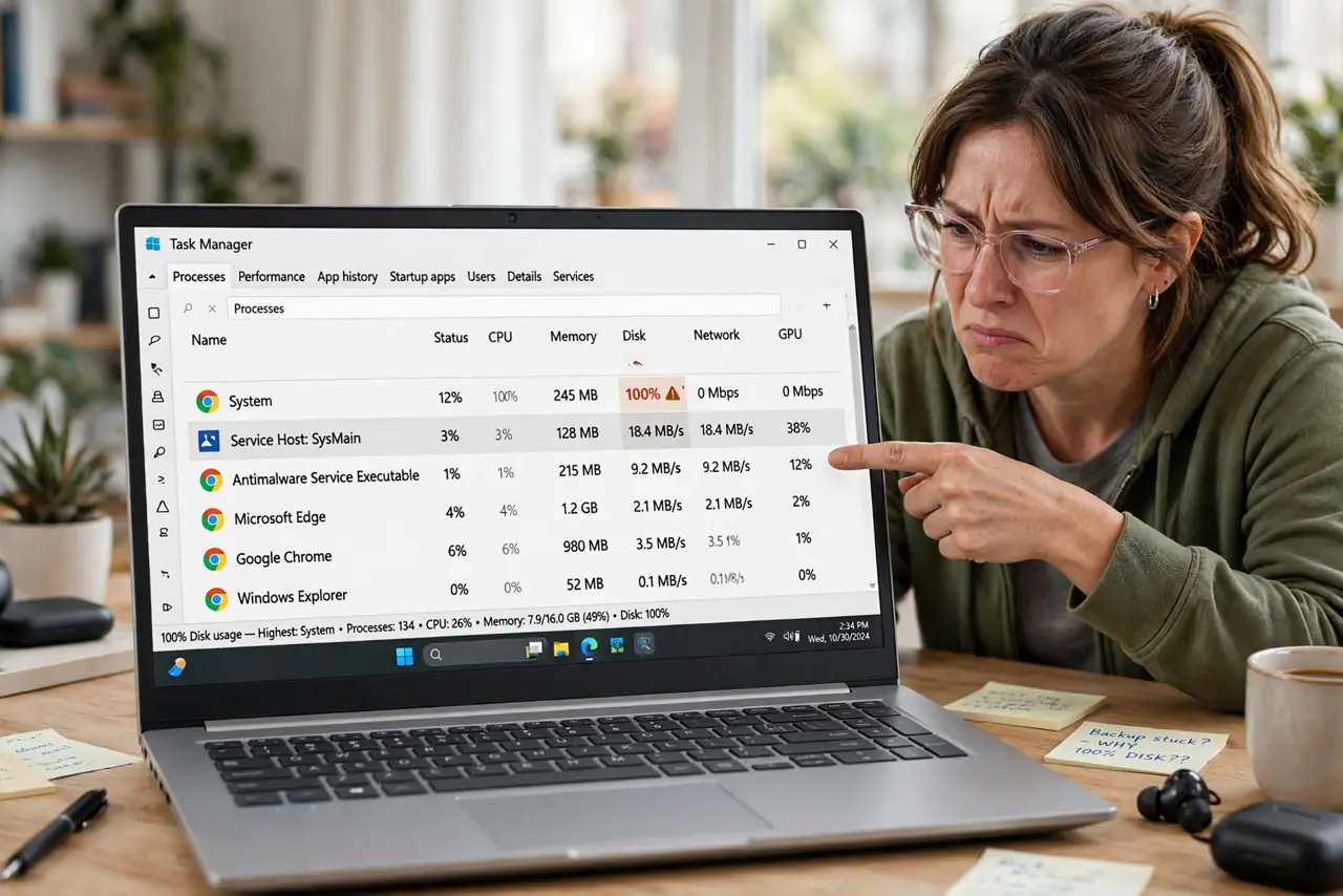 a frustrated adult looking at a real Windows laptop showing Task Manager with the disk column visible and fully legible text, the person pointing at the 100% figure.