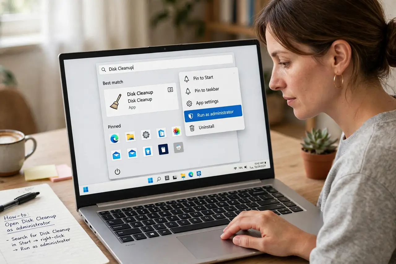 Disk Cleanup Shows No System Files to Clean — step 1 being performed on the device.