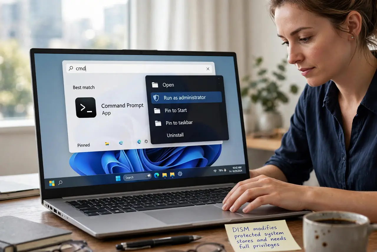 A person performing the first step of the guide: Open an administrator Command Prompt. Press the Windows key, type cmd, right-click Command Prompt, Run as.