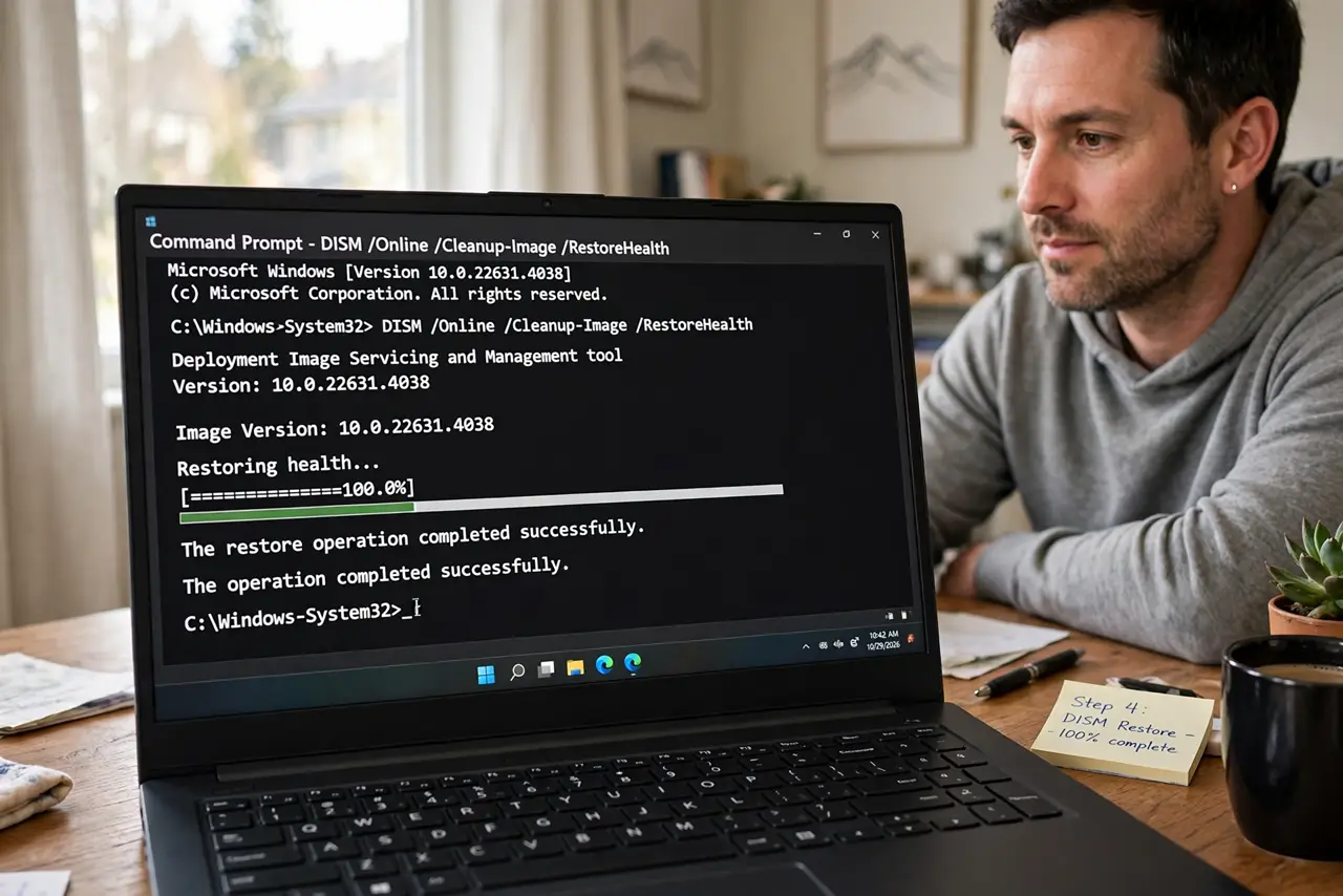 A person watching a real PC monitor showing a Command Prompt window with DISM restore health progress bar legible, the person seated patiently, home.