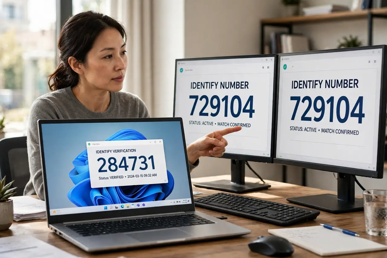 a person pointing at two real monitors each showing a large identify number on screen, the person's face enlightened, desk with keyboard.