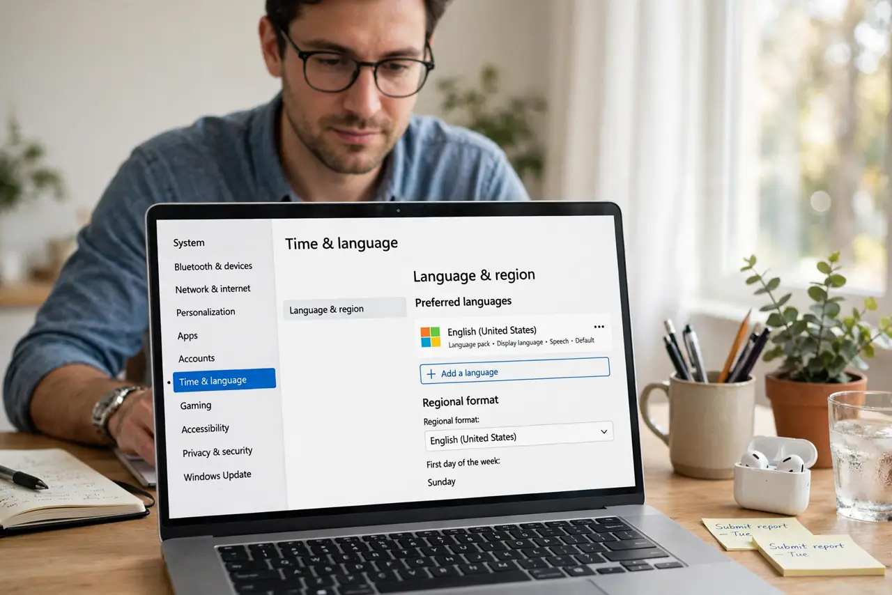 A person performing the first step: Open Language & region settings. Settings > Time & language > Language & region.