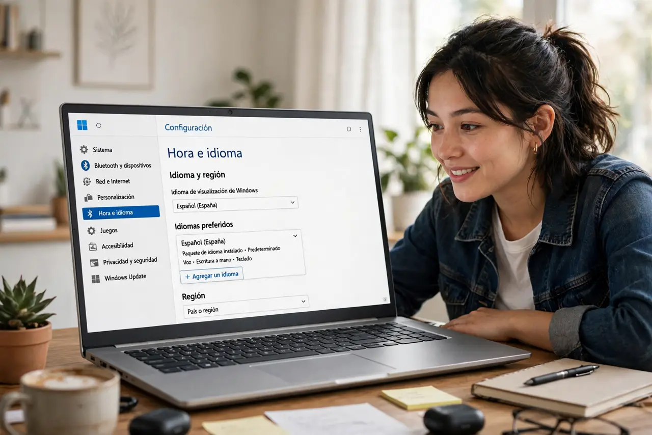 A person looking at a real Windows laptop showing language settings with legible text in a foreign language, the