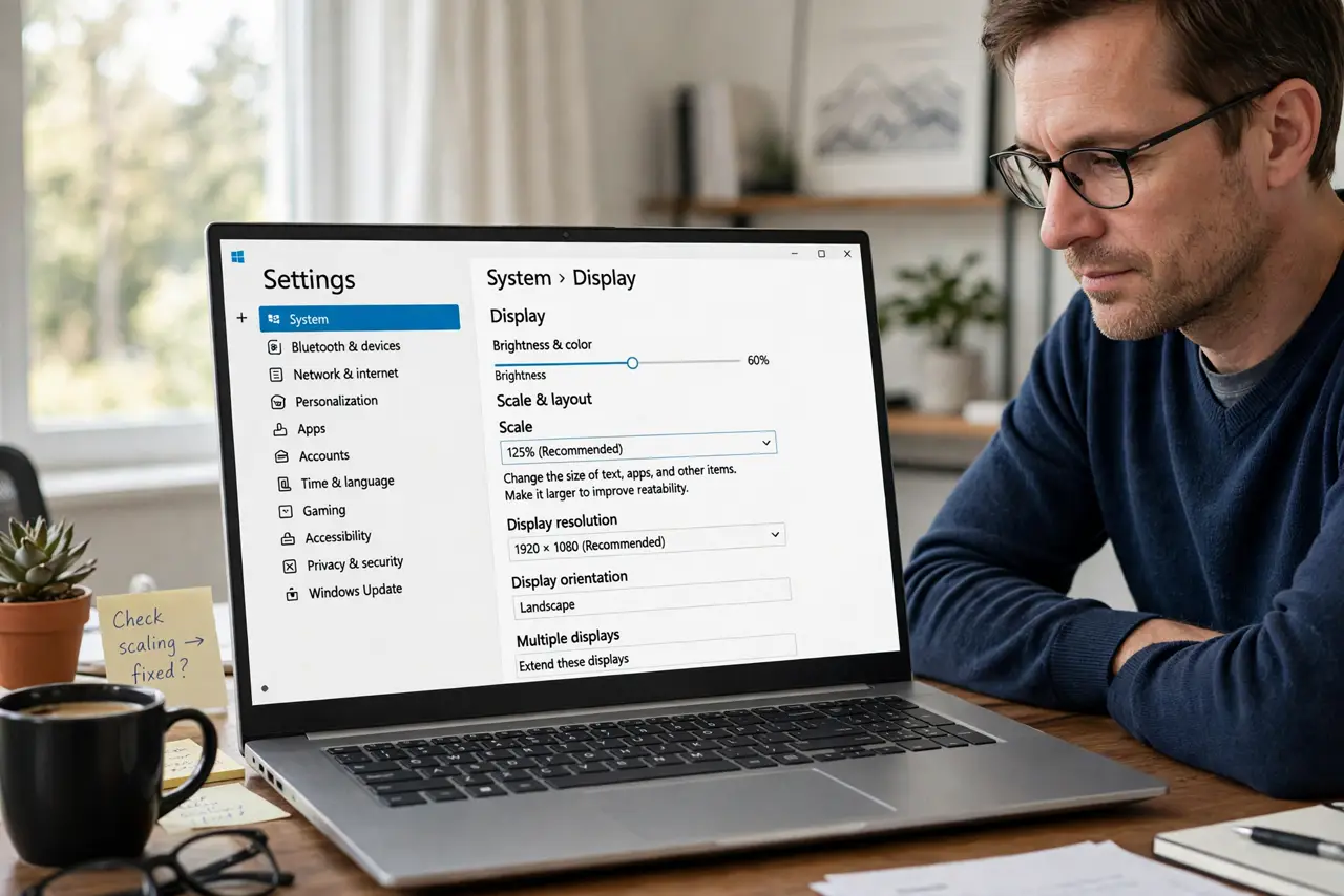 Photoreal photo of a person performing the first step: Confirm scaling is the cause. Open Settings > System > Display and check the Scale percentag...