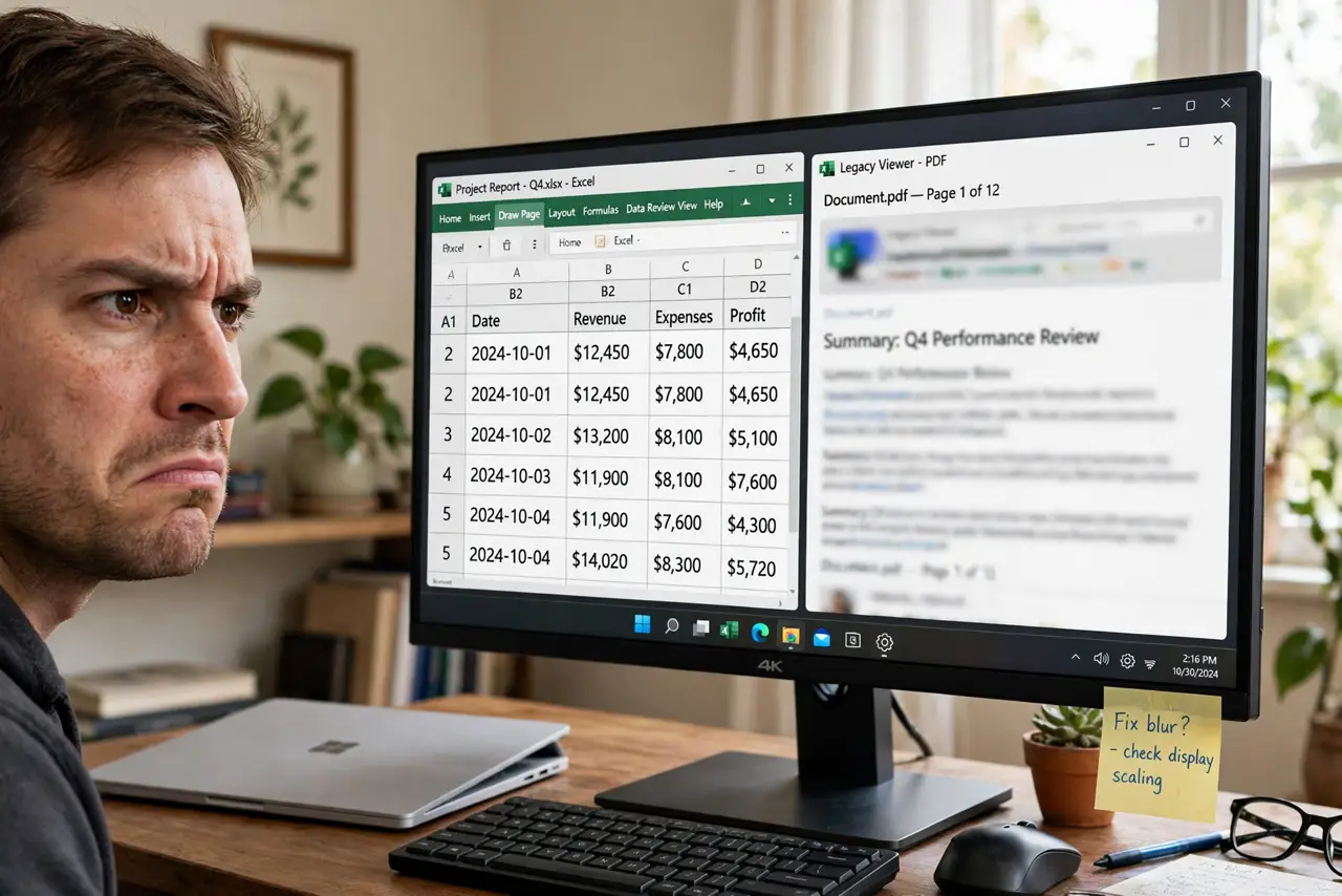 Photoreal photo: a person looking at a real 4K monitor showing one sharp window and one visibly blurry app window side by side with legible text, the person's face annoyed, home office daylight. No black screen, no...