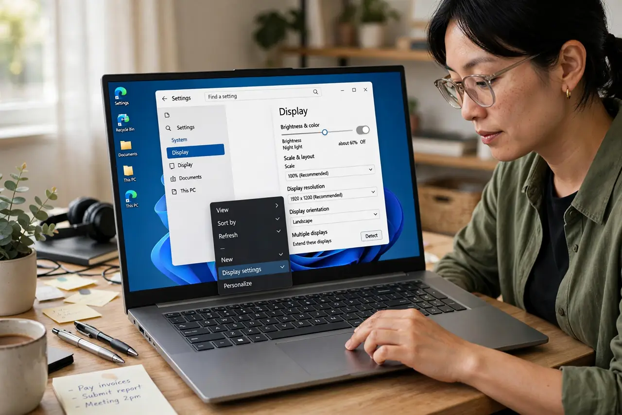 Photoreal photo of a person performing the first step: Open Display Settings. Right-click an empty spot on the desktop and choose Display settings. Everything display-related lives here — no need to hunt t...