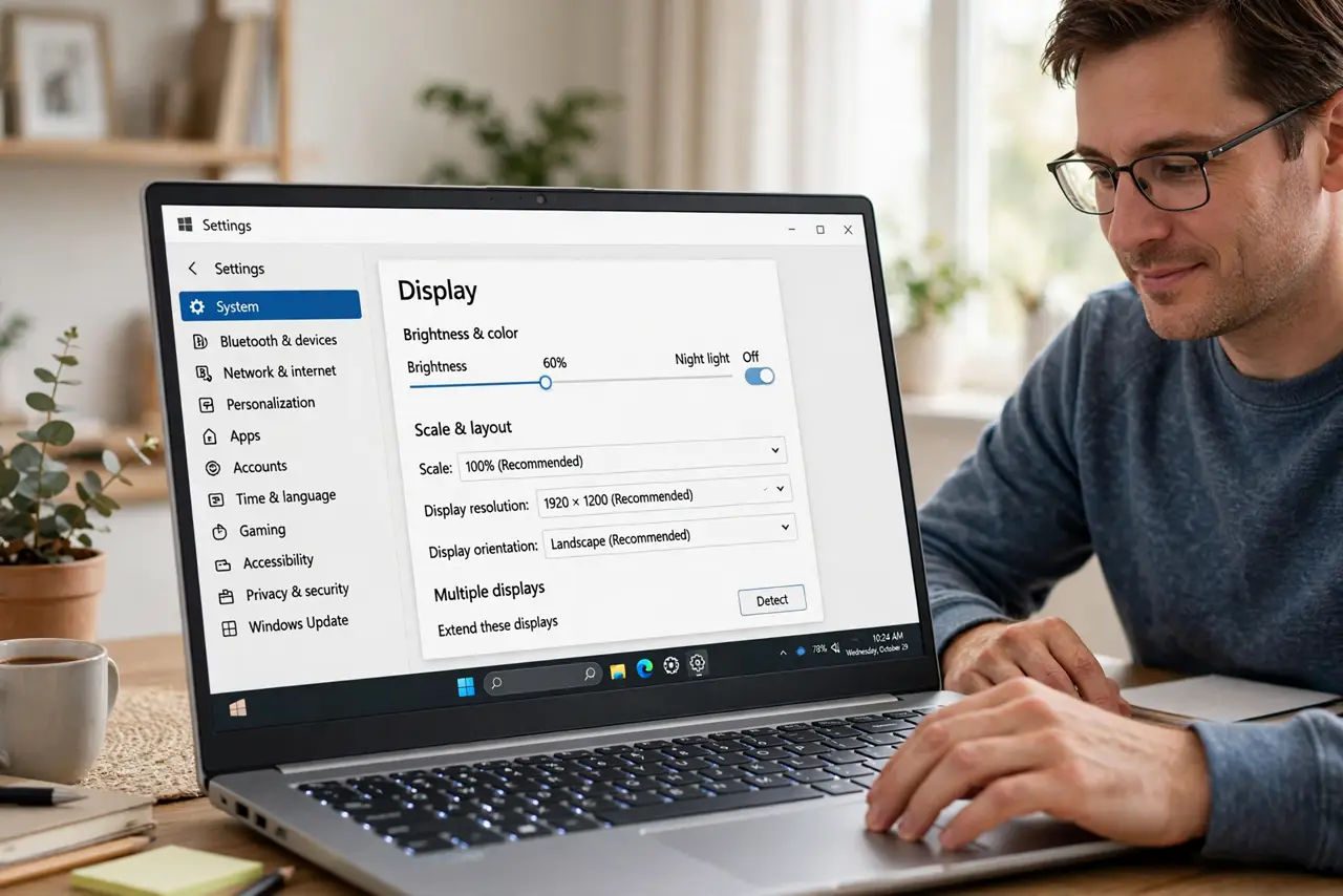 Photoreal photo: a person adjusting display settings on a real Windows screen showing the settings page with legible options, the person's face calm and focused, home office. No black screen, no blank white screen, no fa