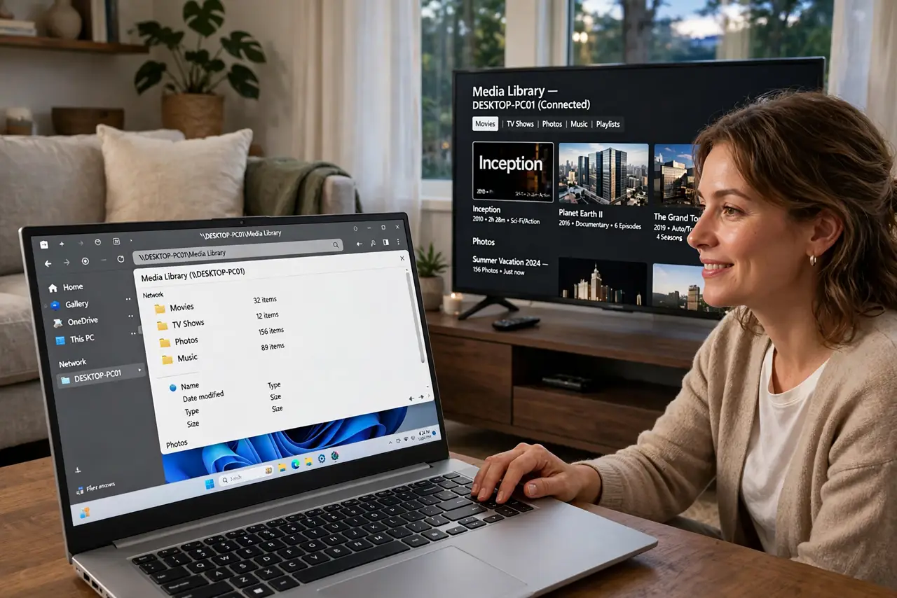 a person browsing a real smart TV showing a legible media library from a PC, a Windows laptop open nearby, the person's face pleased, living room evening.
