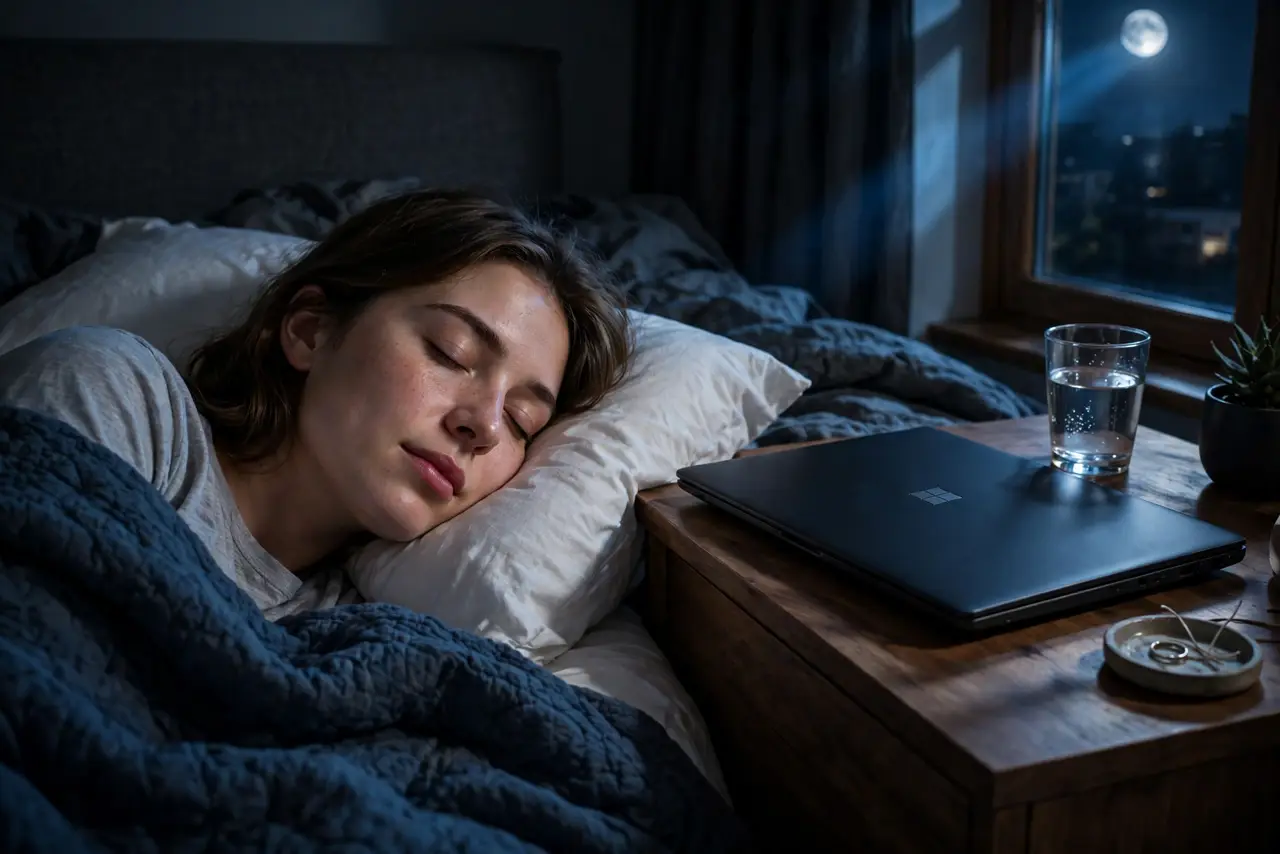 A person sleeping in bed at night with a real Windows laptop closed on the nightstand, the room dark and quiet, the person's face peaceful.