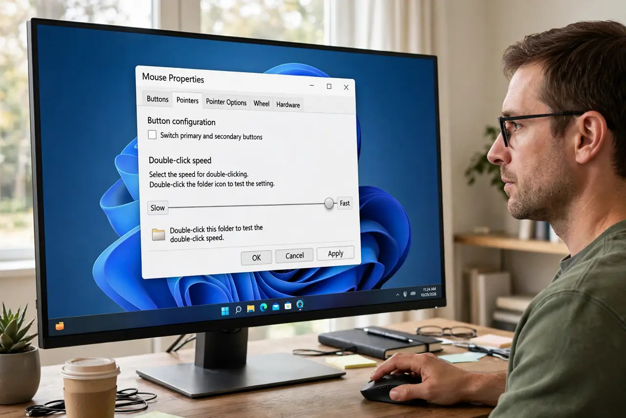 A person at a real Windows 11 PC clicking a mouse, the monitor showing the Mouse Properties Buttons tab with the double-click speed slider fully legible, the person's face concentrated, home office.